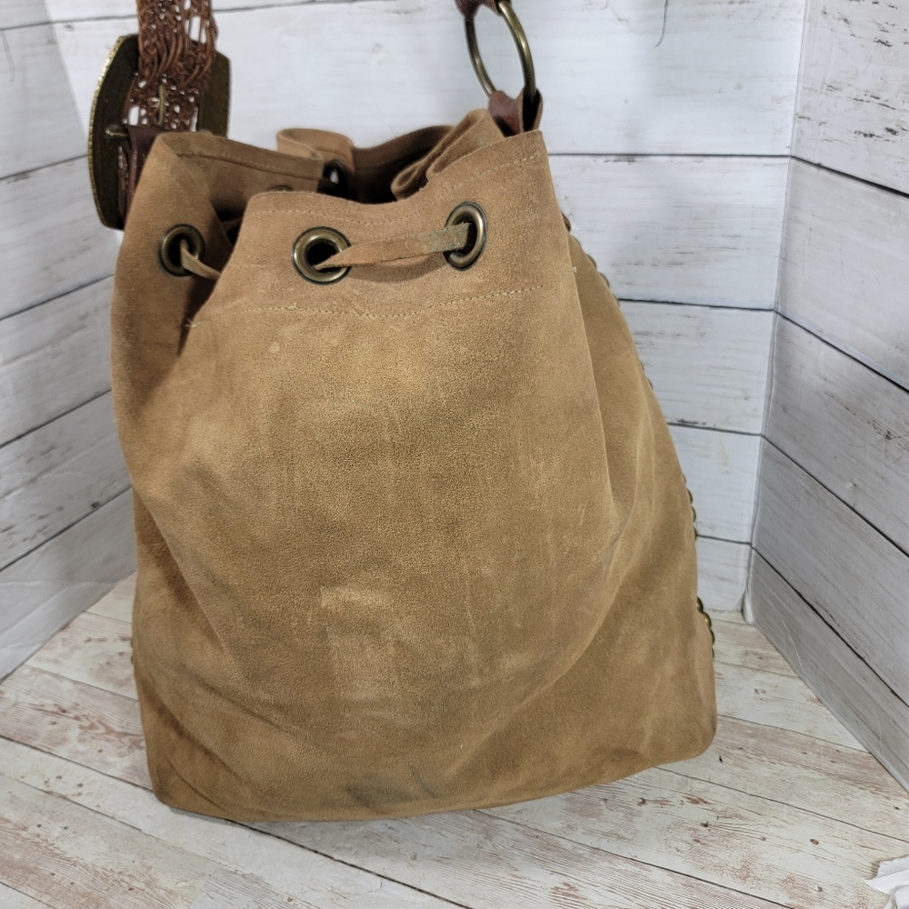 Leatherock Large  Studded Suede Bucket Hobo Handbag With Braided Strap - Picture 12 of 13
